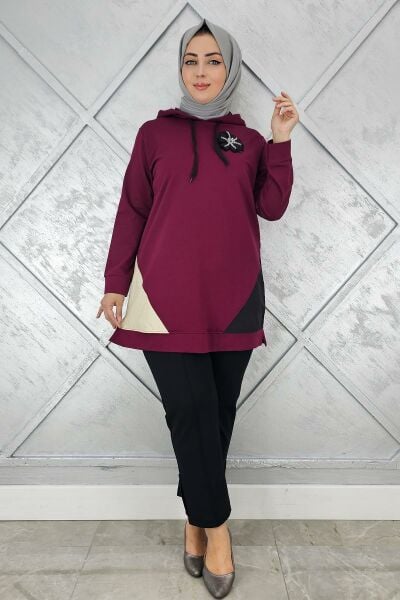 KADIN KOMBİNLİ KAPÜŞONLU TESETTÜR TUNİK BORDO - 5 BEDEN