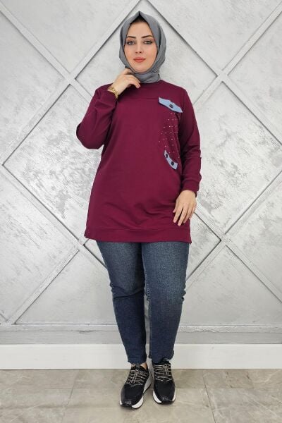 KADIN TAŞ VE DÜĞME DETAYLI TESETTÜR TUNİK BORDO - 3XL