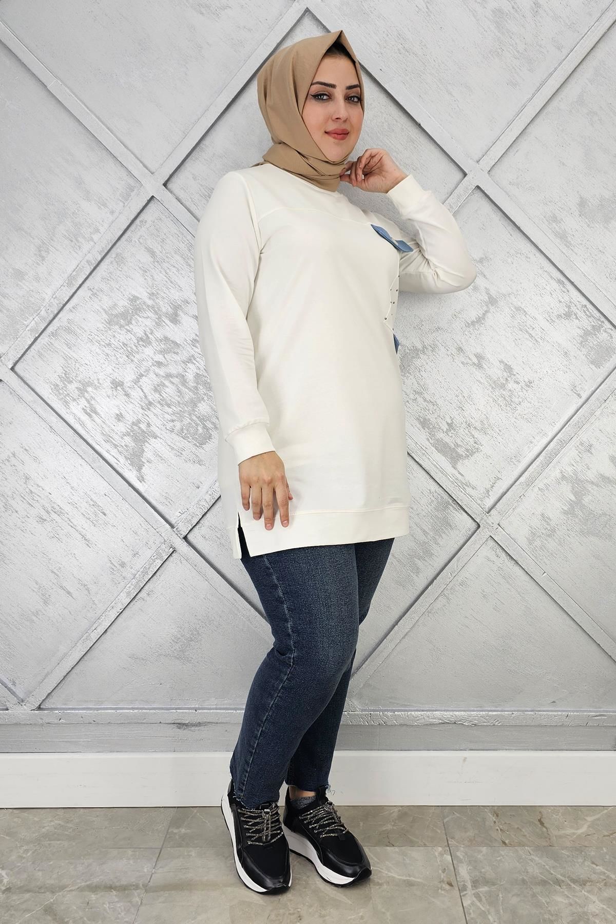 KADIN TAŞ VE DÜĞME DETAYLI TESETTÜR TUNİK EKRU - XL