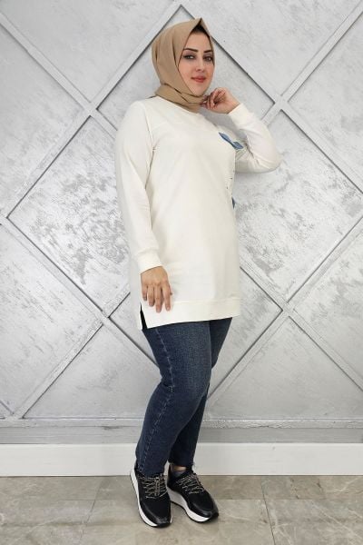 KADIN TAŞ VE DÜĞME DETAYLI TESETTÜR TUNİK EKRU - XL