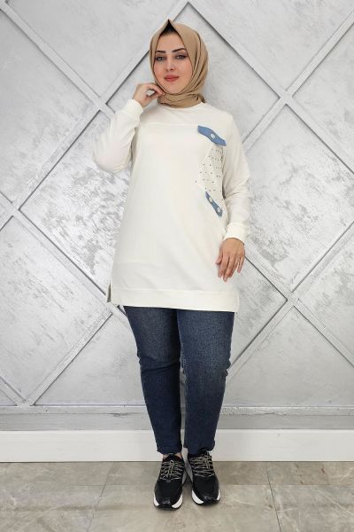 KADIN TAŞ VE DÜĞME DETAYLI TESETTÜR TUNİK EKRU - XL