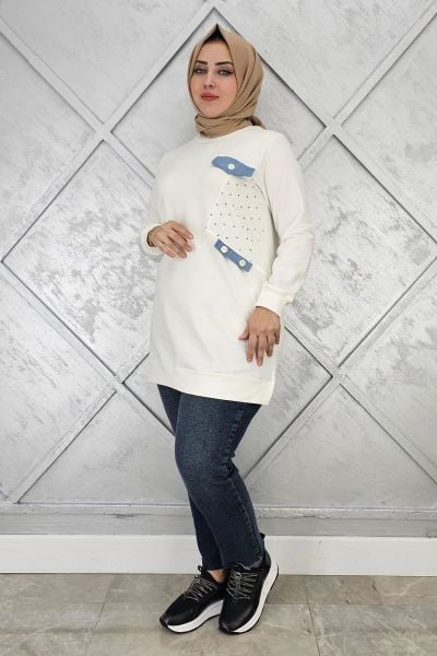 KADIN TAŞ VE DÜĞME DETAYLI TESETTÜR TUNİK EKRU - XL