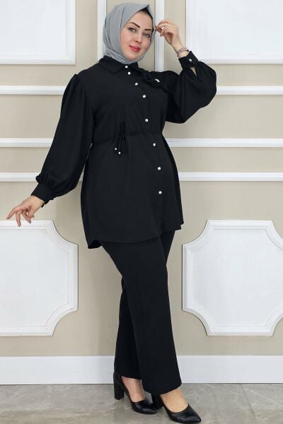 WOMAN FLOWER BROOCH DETAILED HIJAB SUIT BLACK - SIZE 2