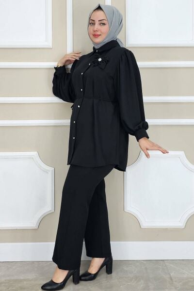 WOMAN FLOWER BROOCH DETAILED HIJAB SUIT BLACK - SIZE 2