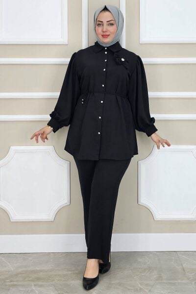 WOMAN FLOWER BROOCH DETAILED HIJAB SUIT BLACK - SIZE 2