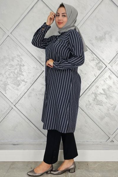 KADIN BROŞLU ÇİZGİLİ KETEN TESETTÜR GÖMLEK SİYAH - 4 BEDEN