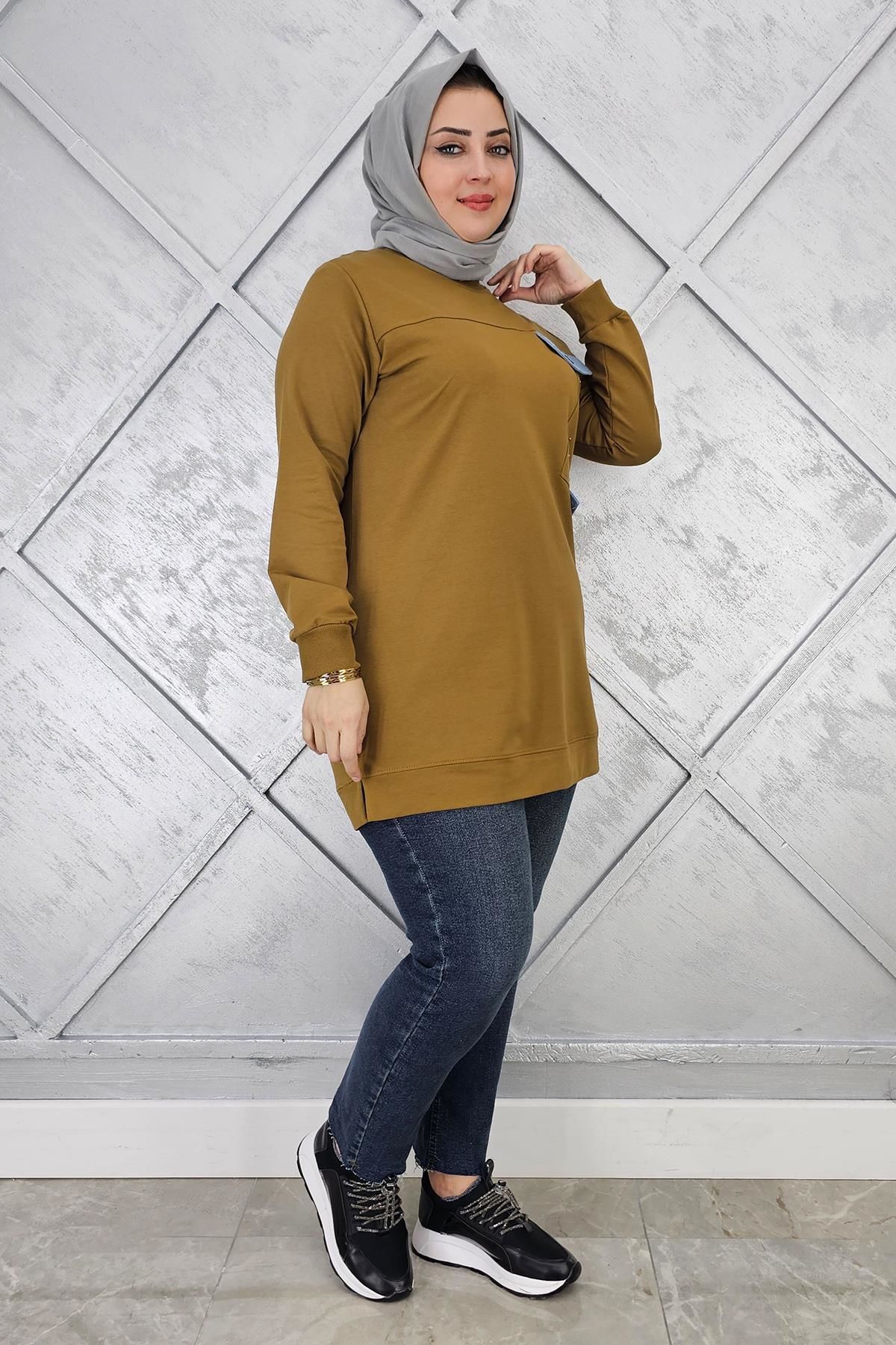 KADIN TAŞ VE DÜĞME DETAYLI TESETTÜR TUNİK YAĞ YEŞİLİ - XL