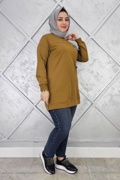 KADIN TAŞ VE DÜĞME DETAYLI TESETTÜR TUNİK YAĞ YEŞİLİ - XL
