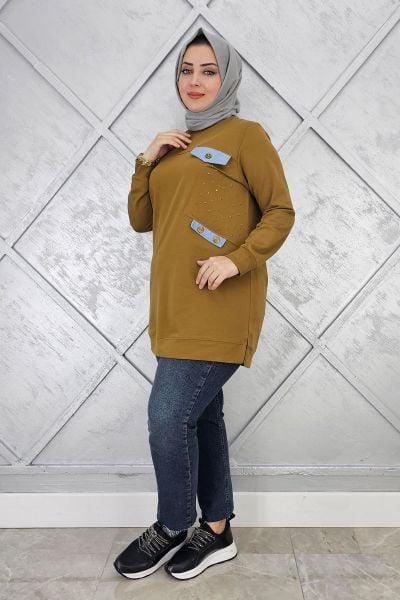 KADIN TAŞ VE DÜĞME DETAYLI TESETTÜR TUNİK YAĞ YEŞİLİ - XL