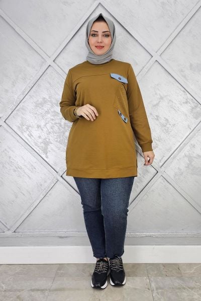 KADIN TAŞ VE DÜĞME DETAYLI TESETTÜR TUNİK YAĞ YEŞİLİ - XL