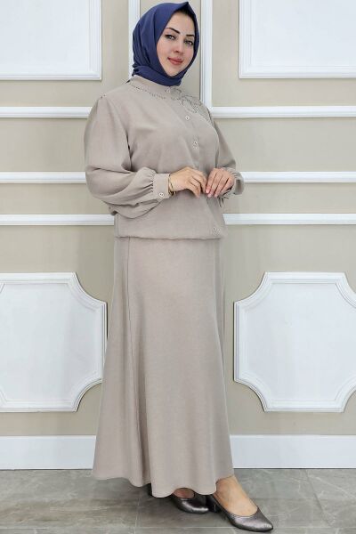 PYS KADIN TAŞ DETAYLI TESETTÜR TAKIM BEJ - 4 BEDEN
