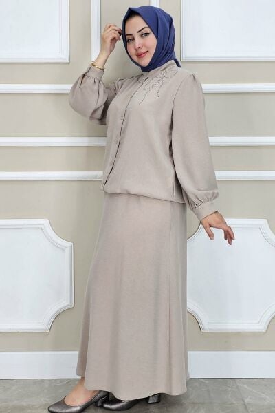 PYS KADIN TAŞ DETAYLI TESETTÜR TAKIM BEJ - 4 BEDEN