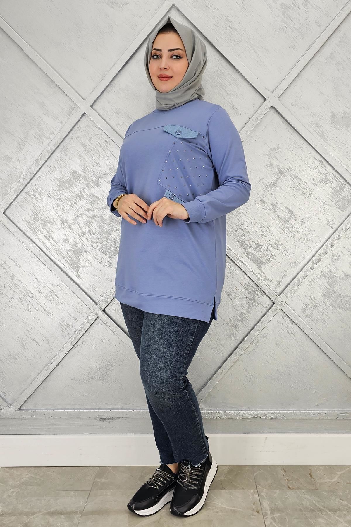 KADIN TAŞ VE DÜĞME DETAYLI TESETTÜR TUNİK MAVİ - XL