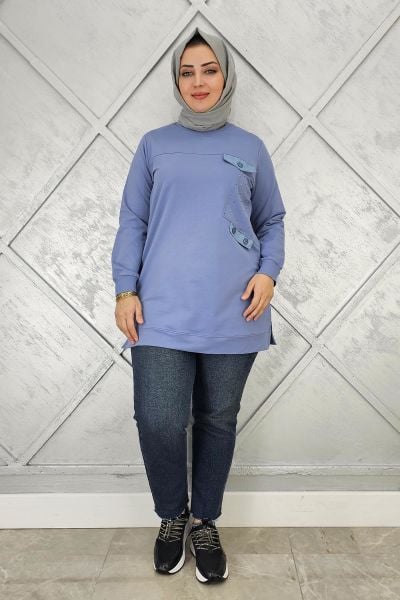 KADIN TAŞ VE DÜĞME DETAYLI TESETTÜR TUNİK MAVİ - XL
