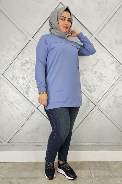 KADIN TAŞ VE DÜĞME DETAYLI TESETTÜR TUNİK MAVİ - XL