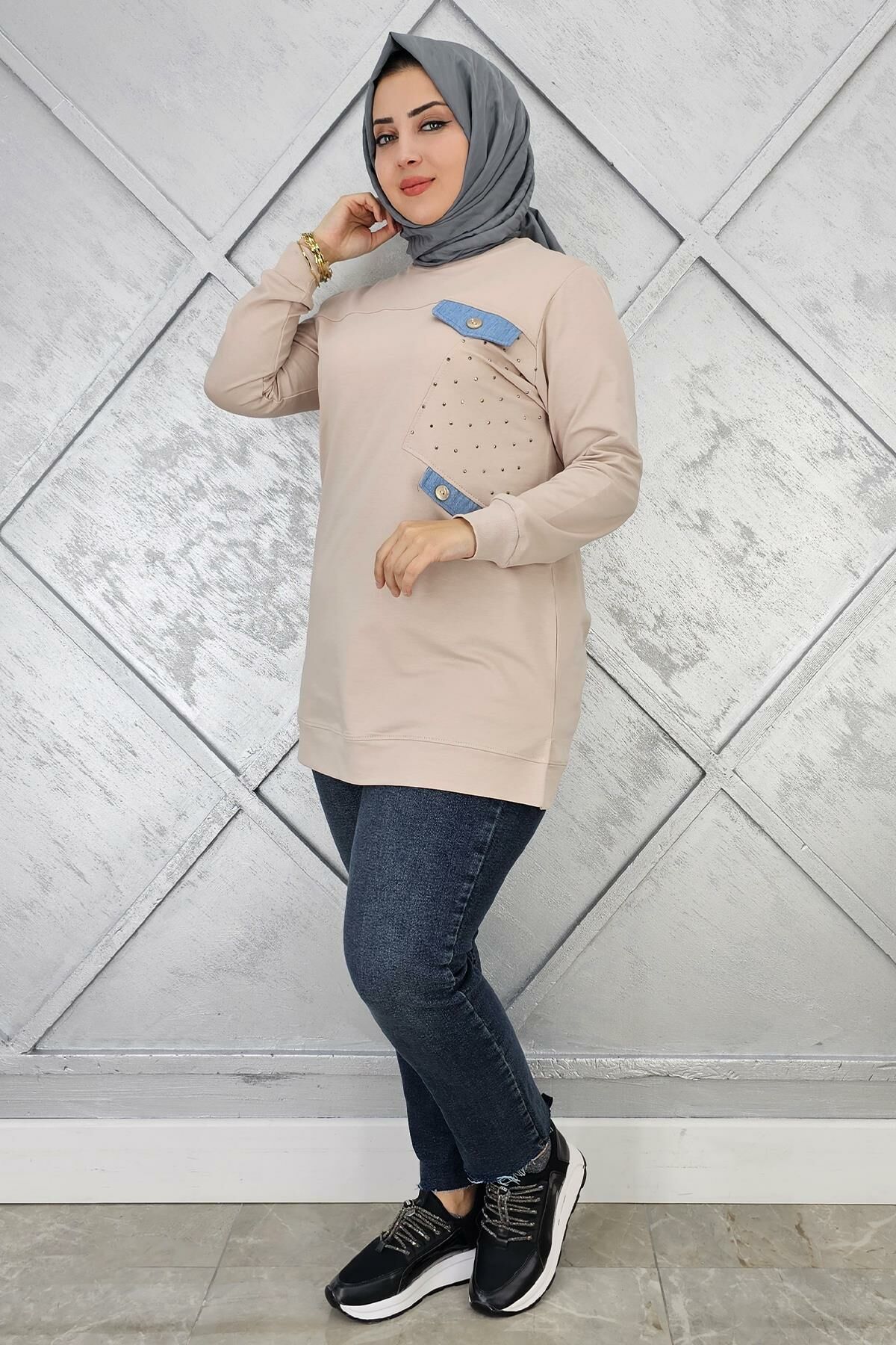 KADIN TAŞ VE DÜĞME DETAYLI TESETTÜR TUNİK BEJ - 3XL
