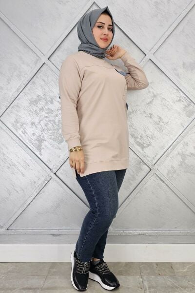 KADIN TAŞ VE DÜĞME DETAYLI TESETTÜR TUNİK BEJ - 3XL