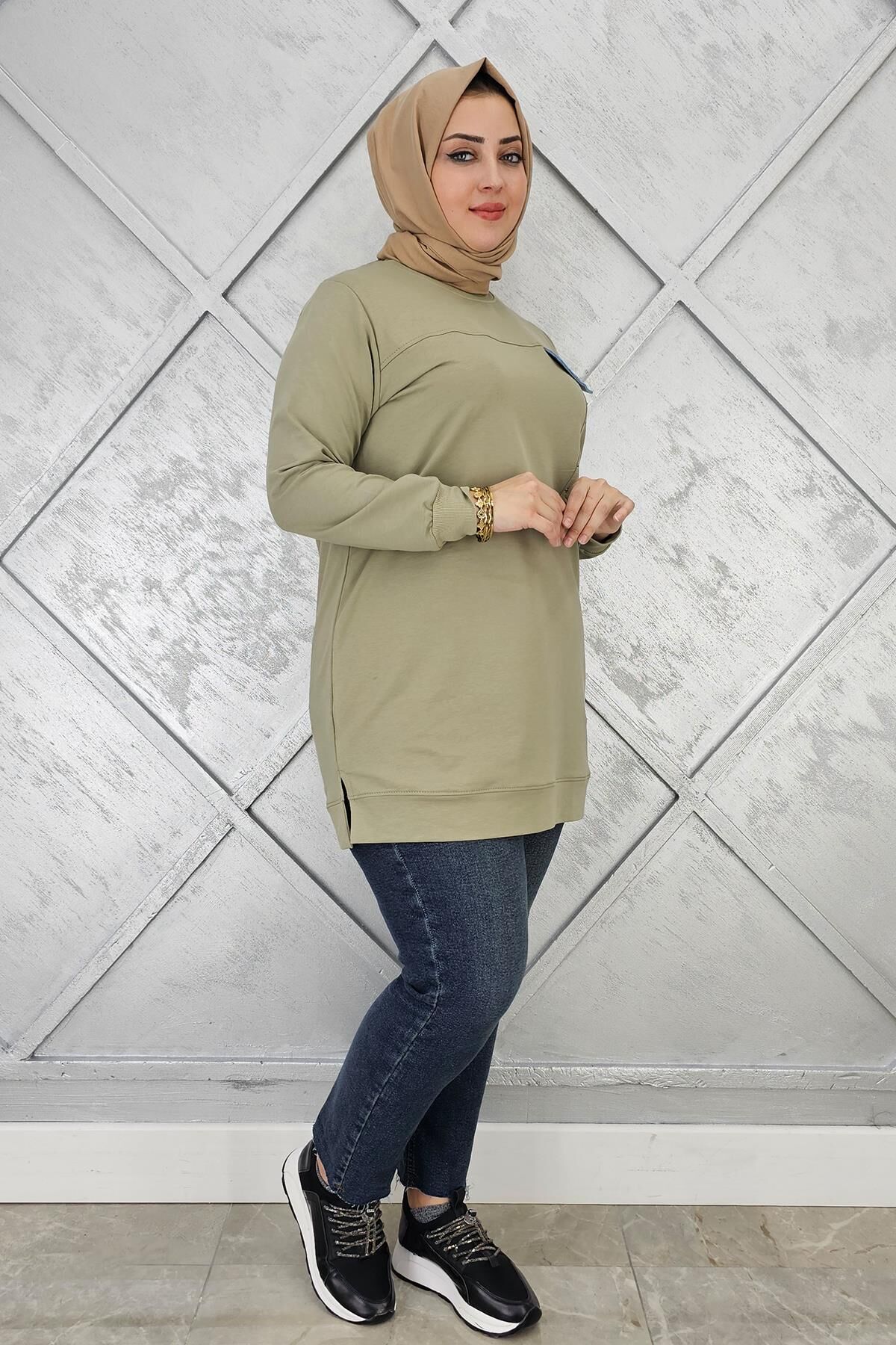 KADIN TAŞ VE DÜĞME DETAYLI TESETTÜR TUNİK HAKİ - 3XL