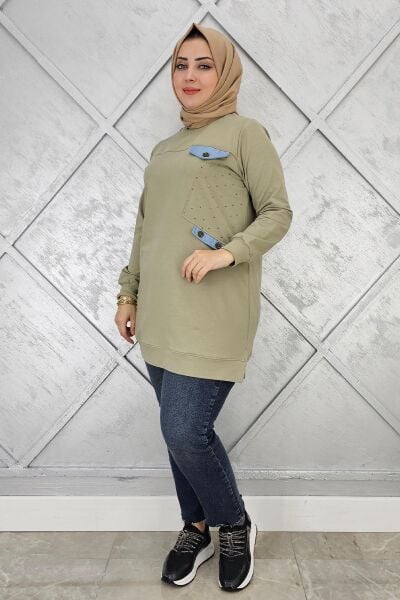 KADIN TAŞ VE DÜĞME DETAYLI TESETTÜR TUNİK HAKİ - 3XL