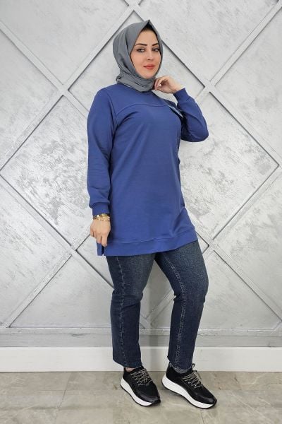 KADIN TAŞ VE DÜĞME DETAYLI TESETTÜR TUNİK İNDİGO - L
