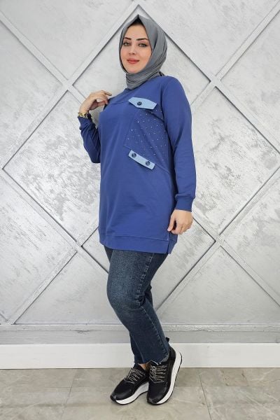 KADIN TAŞ VE DÜĞME DETAYLI TESETTÜR TUNİK İNDİGO - L