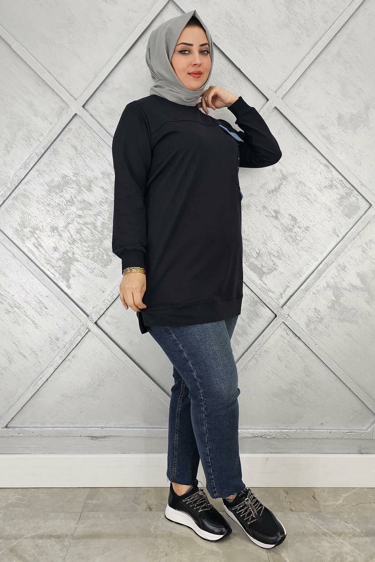 KADIN TAŞ VE DÜĞME DETAYLI TESETTÜR TUNİK SİYAH - 2XL