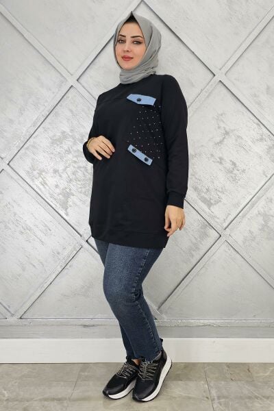 KADIN TAŞ VE DÜĞME DETAYLI TESETTÜR TUNİK SİYAH - 2XL