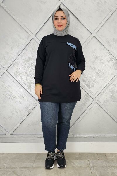 KADIN TAŞ VE DÜĞME DETAYLI TESETTÜR TUNİK SİYAH - 2XL