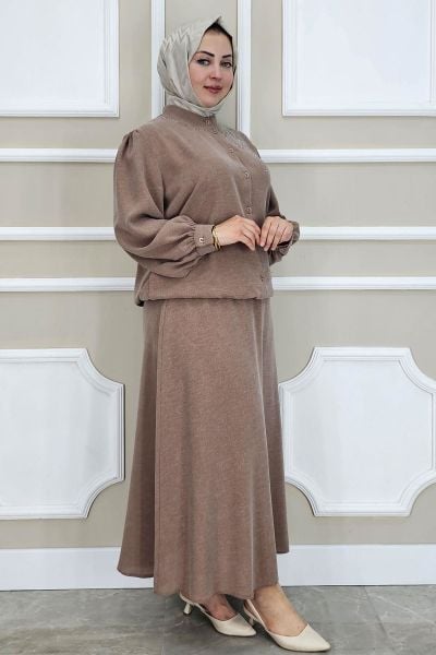 WOMAN STONE DETAILED HIJAB SUIT SALMON - SIZE 4