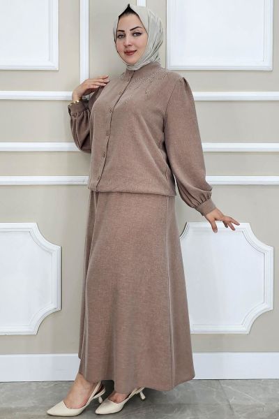 WOMAN STONE DETAILED HIJAB SUIT SALMON - SIZE 4