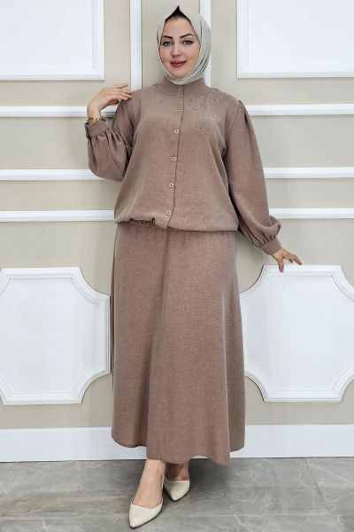WOMAN STONE DETAILED HIJAB SUIT SALMON - SIZE 4