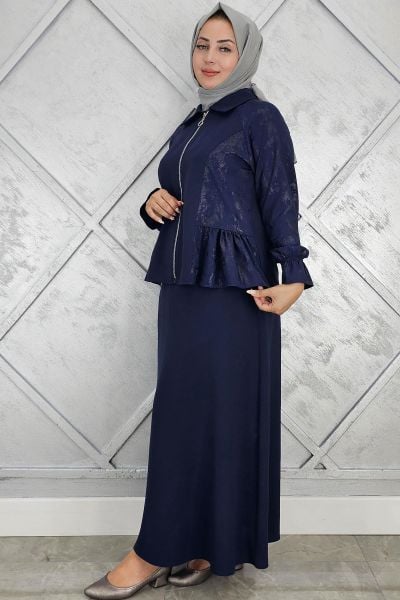 PYS KADIN BÜZGÜ DETAYLI TESETTÜR TAKIM LACİVERT - 2 BEDEN
