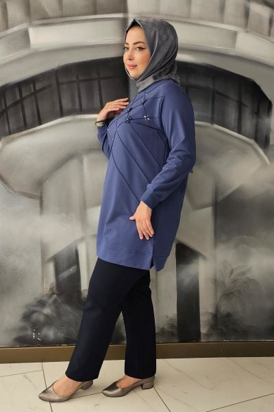 KADIN DİKME VE TAŞ DETAYLI TESETTÜR TUNİK İNDİGO - 4 BEDEN
