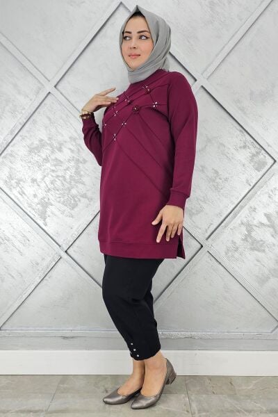 KADIN DİKME VE TAŞ DETAYLI TESETTÜR TUNİK BORDO - 4 BEDEN