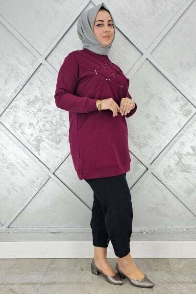 KADIN DİKME VE TAŞ DETAYLI TESETTÜR TUNİK BORDO - 4 BEDEN