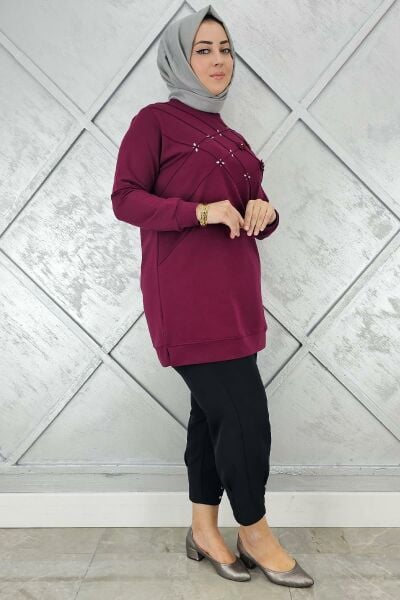 KADIN DİKME VE TAŞ DETAYLI TESETTÜR TUNİK BORDO - 5 BEDEN