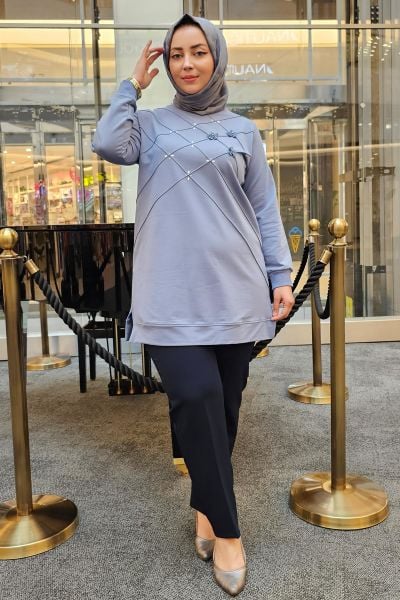 KADIN DİKME VE TAŞ DETAYLI TESETTÜR TUNİK MAVİ - 2 BEDEN