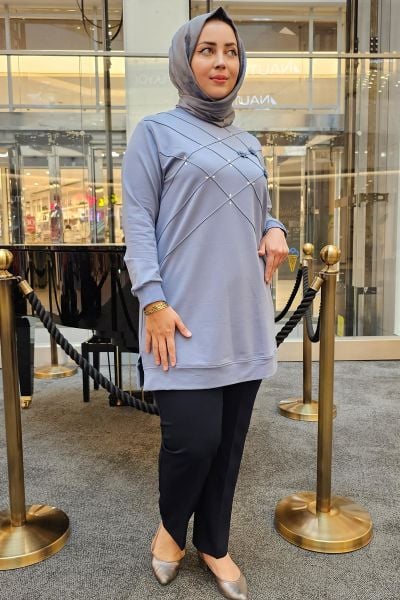 KADIN DİKME VE TAŞ DETAYLI TESETTÜR TUNİK MAVİ - 2 BEDEN