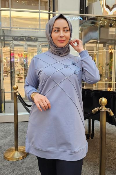 KADIN DİKME VE TAŞ DETAYLI TESETTÜR TUNİK MAVİ - 2 BEDEN