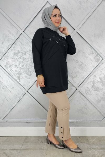 KADIN DİKME VE TAŞ DETAYLI TESETTÜR TUNİK SİYAH - 4 BEDEN