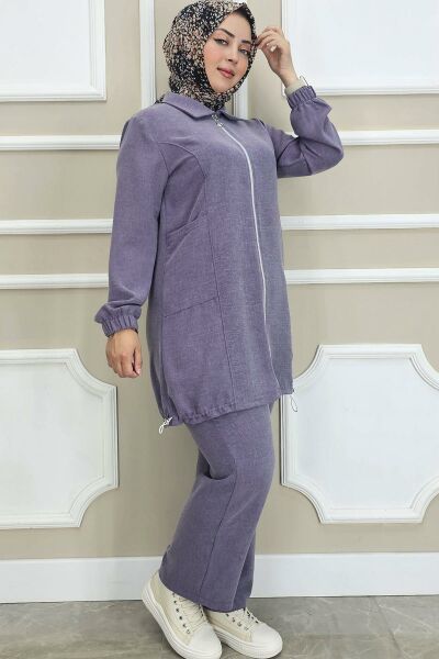 KADIN FERMUARLI TESETTÜR TUNİK LİLA - 4 BEDEN