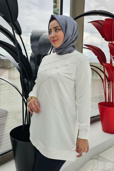 KADIN DİKME VE TAŞ DETAYLI TESETTÜR TUNİK EKRU - 4 BEDEN