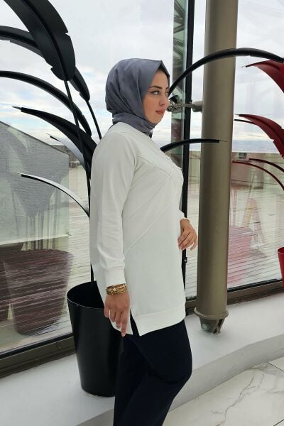 KADIN DİKME VE TAŞ DETAYLI TESETTÜR TUNİK EKRU - 4 BEDEN