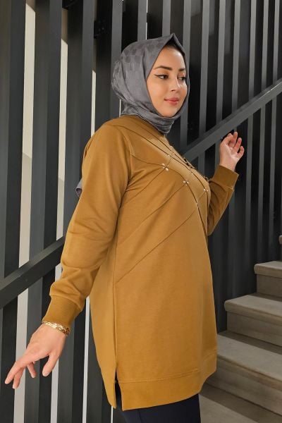 KADIN DİKME VE TAŞ DETAYLI TESETTÜR TUNİK YAĞ YEŞİLİ - 5 BEDEN