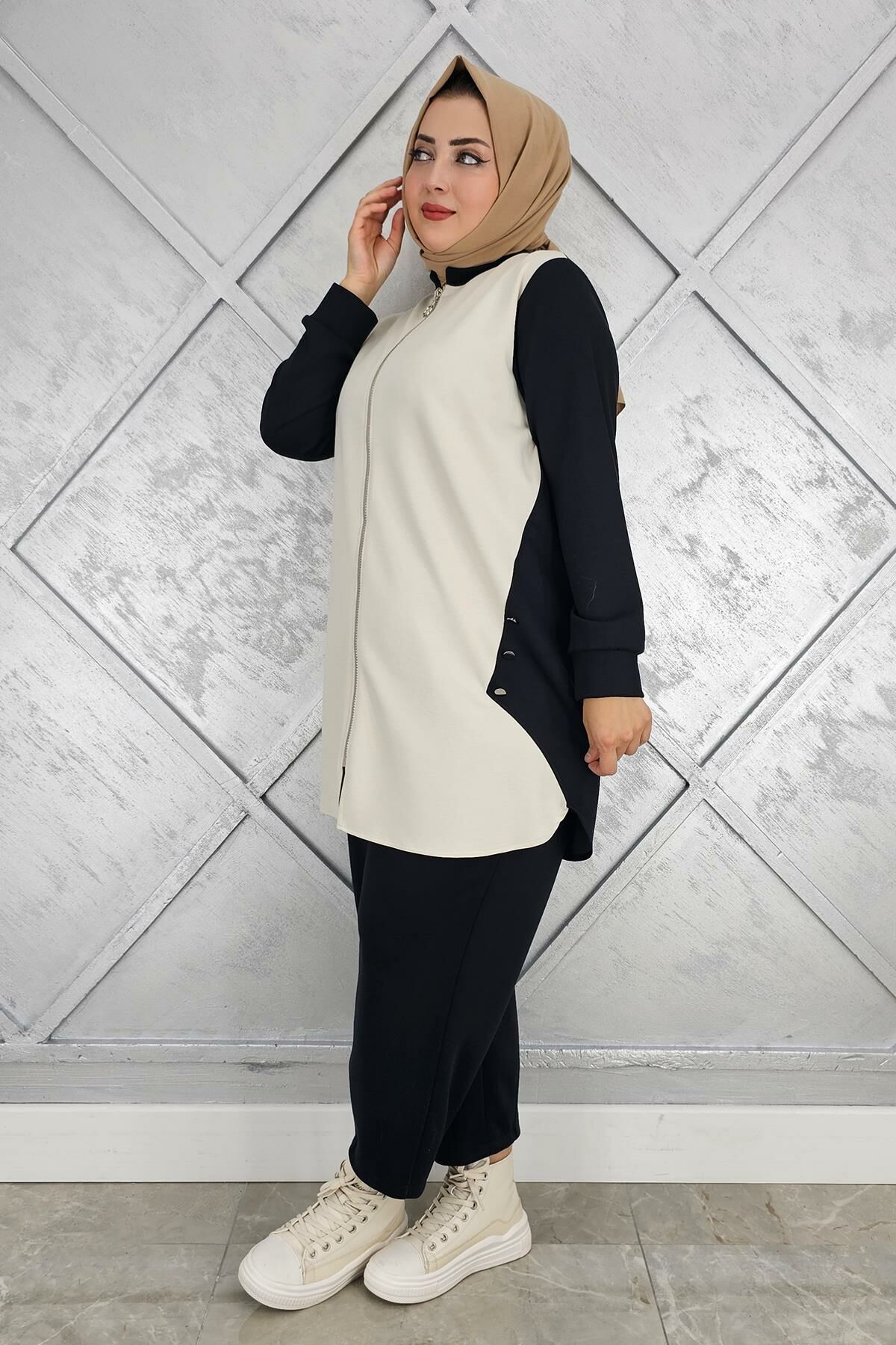 KADIN FERMUARLI DÜĞME DETAYLI TESETTÜR TAKIM SİYAH - 4 BEDEN