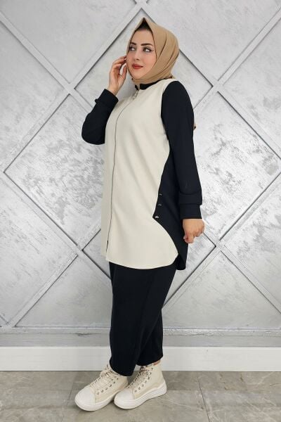 KADIN FERMUARLI DÜĞME DETAYLI TESETTÜR TAKIM SİYAH - 4 BEDEN