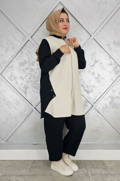 KADIN FERMUARLI DÜĞME DETAYLI TESETTÜR TAKIM SİYAH - 4 BEDEN