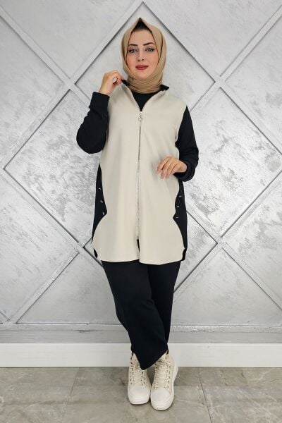 KADIN FERMUARLI DÜĞME DETAYLI TESETTÜR TAKIM SİYAH - 4 BEDEN