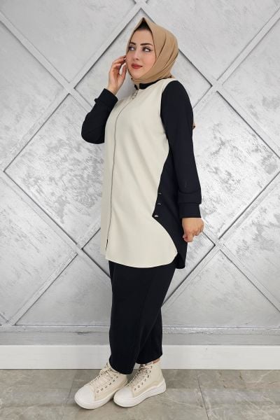 KADIN FERMUARLI DÜĞME DETAYLI TESETTÜR TAKIM SİYAH - 2 BEDEN