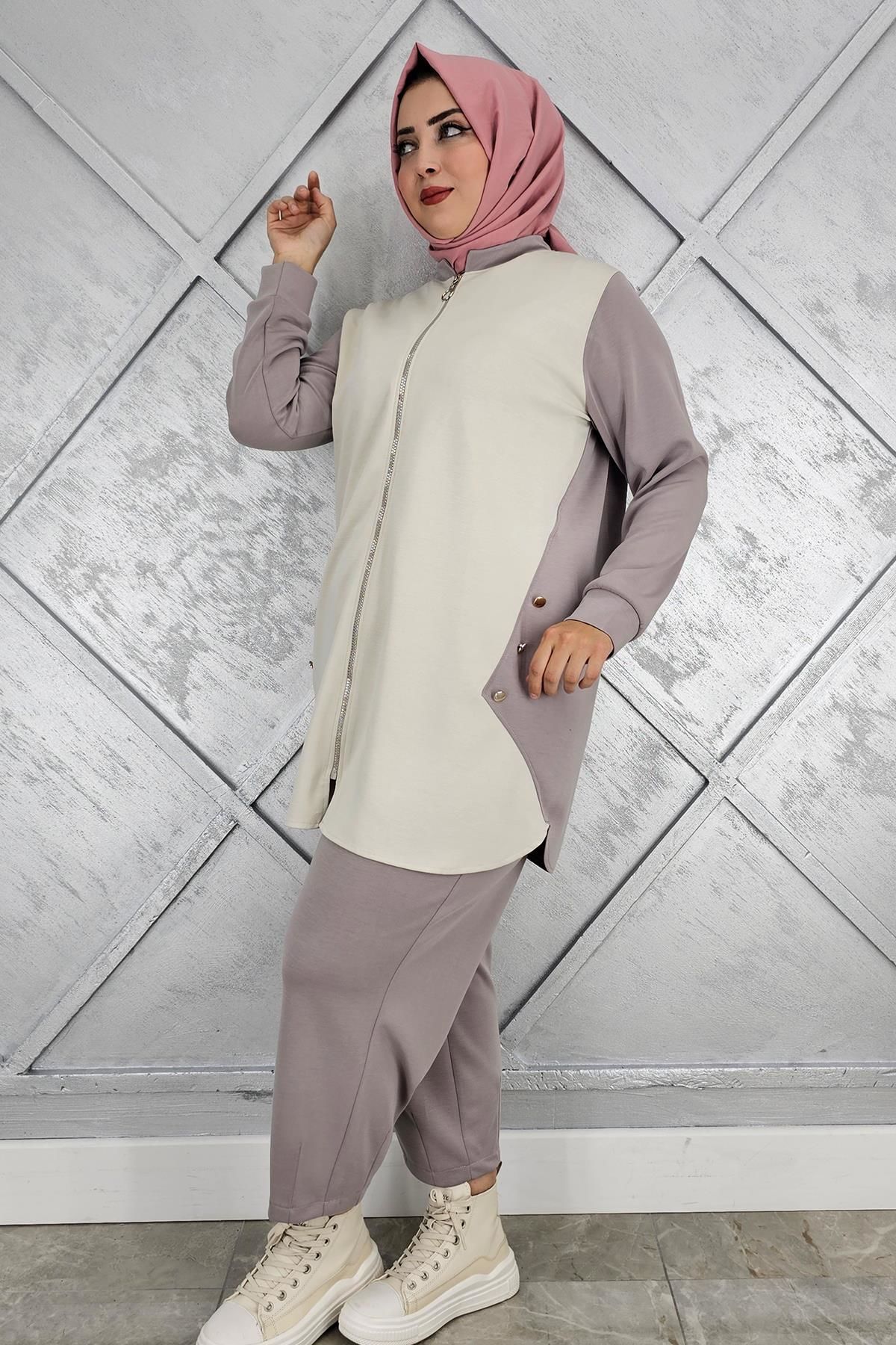 KADIN FERMUARLI DÜĞME DETAYLI TESETTÜR TAKIM VİZON - 4 BEDEN